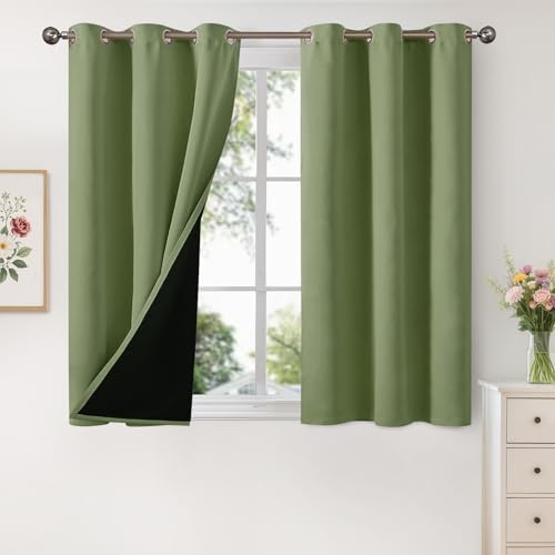 Image of YoungsTex 100% Blackout Curtains 48 Inch Length 2 Panels, Room Darkening Drapes with Liner Thermal Insulated for Bedroom Window, Green, 42 X 48 Inch
