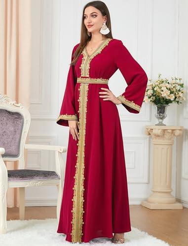 Image of FYMNSI Women Muslim Abaya Dress Islamic Dubai Modest Lace Belted Dress Abayas Kaftan Eid Prayer Clothes Arabian Maxi Robe