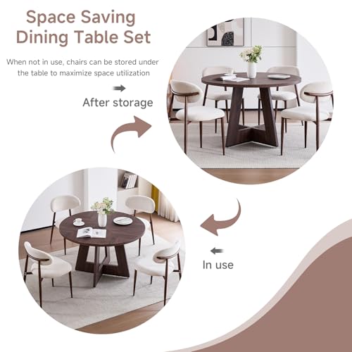 Image of 47 inch Round Dining Table Set for 4, Kitchen Table and Chairs | Wooden Cross Base, Metal-Framed Chair, Boucle Fabric, Ergonomic Curved Backrest, for Apartment
