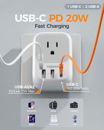 Image of TESSAN US to Australia Plug Adapter Type I Travel Adaptor | 4 American Outlets, 3 USB Ports (1 USB C 20W), For USA to Australian Argentina China Fiji Samoa, New Zealand Power Adapter