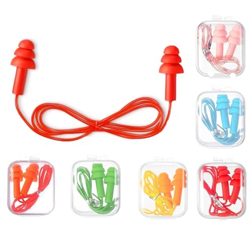 Ajinacious 6 Pairs Corded Silicone Earplugs, Pink, Blue, Red, Black, Green, Yellow, In-Ear, Noise Protection, Swimming, Sleeping, Studying, Traveling, Shooting Range
