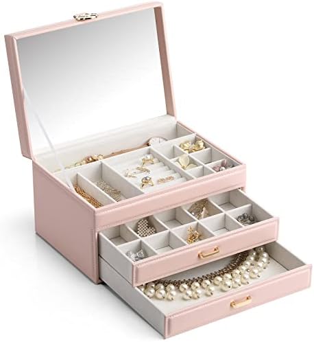 Vlando Jewellery Organiser Box with Large Mirror and Luxury Metal Fitting, 3 Layers Jewelry Storage Case for Rings Bracelets Earrings Necklaces,Gift for Women Girls Christmas New Year Gift (Grey)