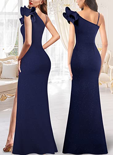 Image of VFSHOW Womens Ruffle One Shoulder Strap Ruched Formal Prom Wedding Maxi Dress V Neck Elegant Split Cocktail Evening Long Gown