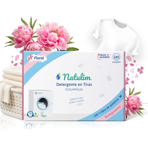 Natulim Detergente en Tiras para Lavadora (180 Lavados) - Incluye efecto Suavizante, Ecológico, Hipoalergénico, Zero Waste, Made in Spain - Ropa limpia y suave sin ensuciar el Planeta (Floral)