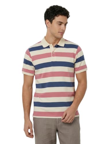 Image of Raymond Men Modern Fit Stripe Pattern Pure Cotton Polo Neck Half Sleeve Casual T-Shirt