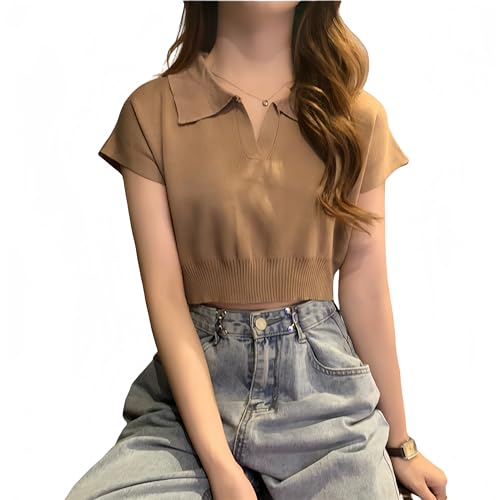 LAI DE RUI Camiseta feminina sexy de verão manga curta gola V curta cor sólida polo tricotado, Caqui