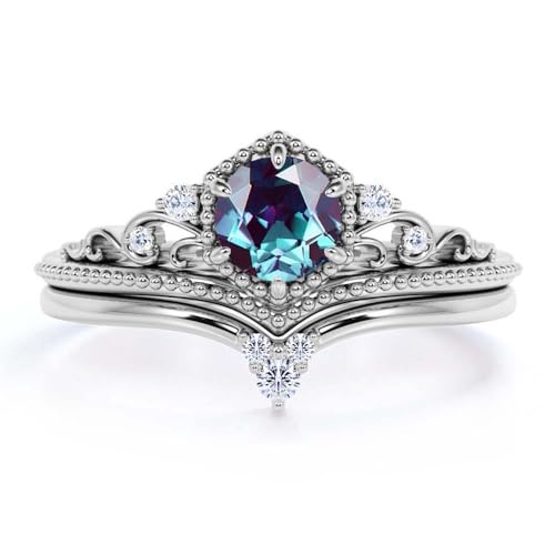 1 CT Gemstone Wedding Ring Set - Vintage Round Gem with Moissanite Bridal Sets Wedding Rings White Yellow Rose 10K 14K 18K Gold 925 Sterling Silver Round Cut Womens Wedding Ring Sets