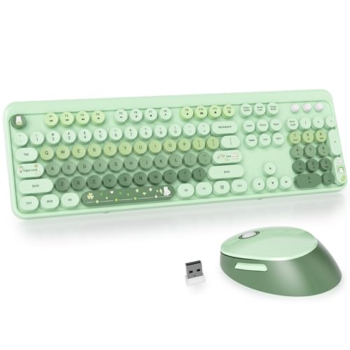 Image of GTSP Typewriter Colorful Green Wireless Keyboard and Mouse Combo, 2.4GHz Full-Size Retro Cute Office Computer Keyboard with Round Keycaps for Desktop Laptop and PC (Colorful Green)