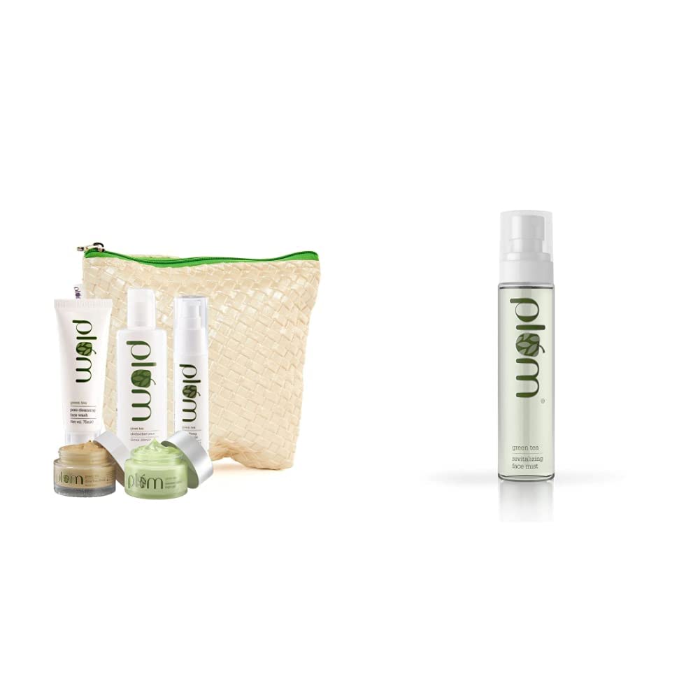Plum Green Tea Face Care Kit With Kit Bag | For Oily, Acne Prone Skin| Deep Exfoliation | Ultra-Hydration, 100% Vegan,and Plum Green Tea Revitalizing Face Mist | Make-up Setting Spray 100ml