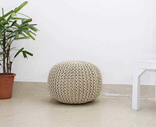 Cotton Craft Round Pouf Ottoman - Knitted Cotton Tweed Braid Cord Cable Dori Floor Pouf - Footrest Accent Furniture Chair Seat Bean Bag - Living Room Bedroom Kids Room Nursery Dorm - 20 X 14 - Natural #TOP5