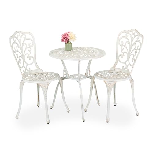Relaxdays Gartenmöbel Set, 3-teilig, Tisch & 2 Stühle, Aluguss, Balkonmöbel Antik-Design, Garten Sitzgruppe, weiß/Bronze