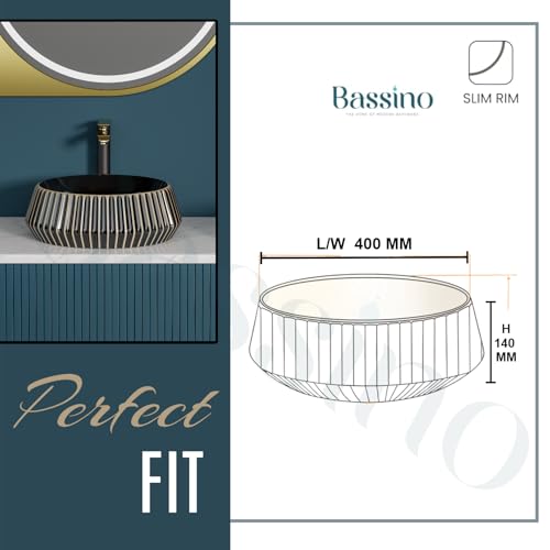 BASSINO 16x16x5.5 Inches Ceramic Table Top Wash Basin/10 Years Warranty/Black & Beige Basin for Bathroom/Round Shape Countertop Washbasin for Restaurant/Dining Hall/Living Room/Hotel(Glossy Finish)