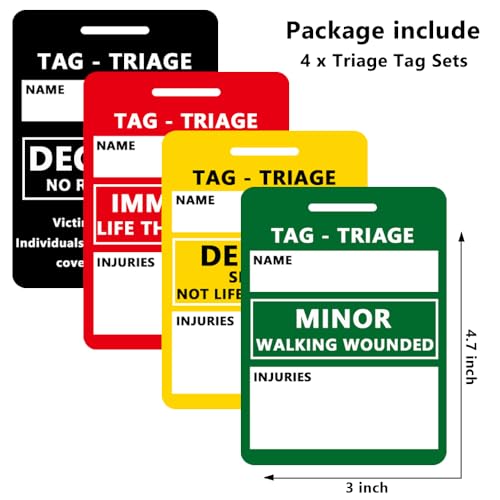 Triage Tag Card Sets for First Aid & Emergency Response - Set of 4 (Black:Deceased, Red:Immediate, Yellow:Delayed, Green:Minor), 4.7"L x 3"W