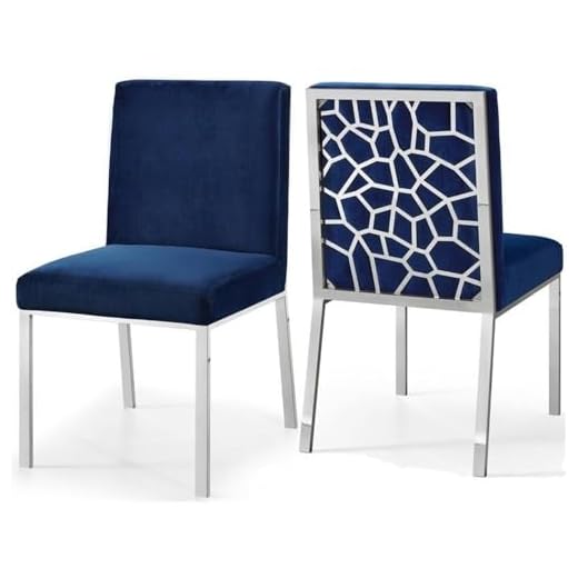 Meridian Furniture Opal Collection Modern | Contemporary Velvet Upholstered Dining Chair with Sturdy Metal Legs and Metallic Geometric Design, Set of 2, Navy, 20" W x 24" D x 39.5" H