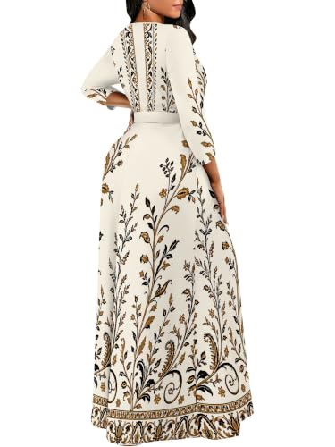 Image of Women Plus Size Long Sleeve V Neck Maxi Dress with Belt | Soft fabric relaxed fit three quarter sleeve v neck with pockets for party and daily wear