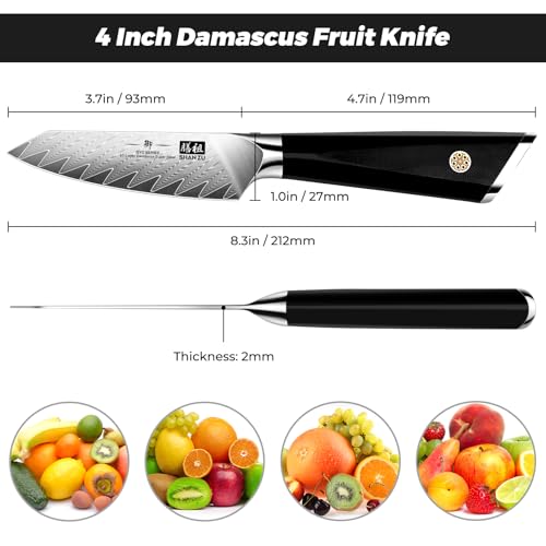 Image of SHAN ZU Damascus Paring Knife Fruit Knife 4 Inch Professional Kitchen Knives, Japanese Damascus High Carbon Steel 67-Layer Fruit Carving Knives with G10 Handle /Gift Box