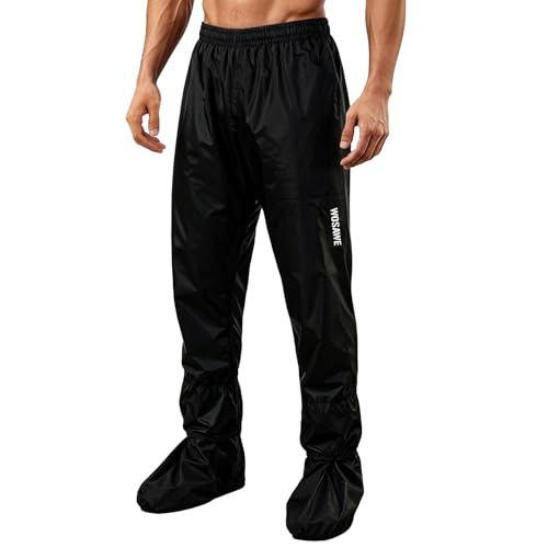 WOSAWE Rain Pants Unisex Waterproof Trousers Lightweight Breathable Motorcycle Rain Overtrousers Windproof Pants with Shoes Cover, Black L