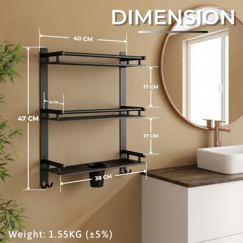 Image of GLOXY Premium Combo Pack of 3 Black Matte Finish Bathroom Shelf Rack - 4 in 1 Stainless Steel Wall Mount Bathroom Soap Rack with Toothbrush Holder - Bathroom Fittings Accessories Set
