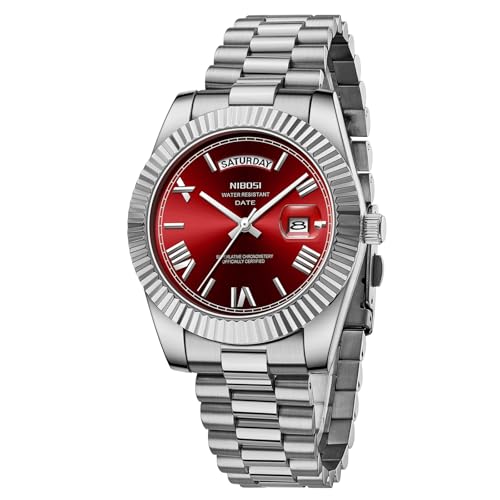 NIBOSI Men Watches Analog Quartz Stainless Steel Rose Gold Silver Watches for Men Waterproof Business Classic Desiger Wrist Watch with Day Date A14-Silver Red