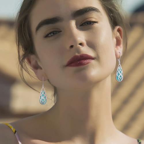 Turquoise Earrings for Women, Turquoise Jewelry for Women S925 Sterling Silver Dangle Teardrop Earrings Celtic Design, Boho Jewelry Gift for Friend Lover Mother2