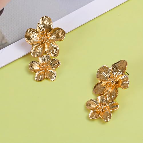 Gold Flower Earrings Double Flower Statement Earring for Women, Large Gold Floral Earrings for Women Boho Jewelry Gift3
