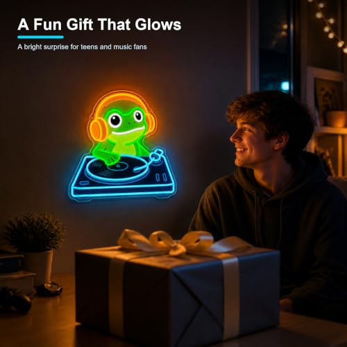 Image of Frog DJ Neon Sign, Music Neon Signs for Wall Decor, Cute LED Light Up Sign for Bedroom, Game Room, Man Cave, Bar, Studio and Party Decor, USB Powered Dimmable Funny Wall Art Gift for DJ Music Lovers