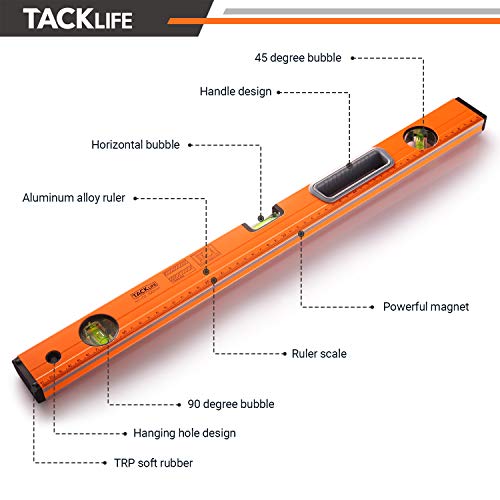 TACKLIFE Level 24-Inch Aluminum Alloy Magnetic Torpedo Level Plumb/Level/45-Degree, Measuring Shock Resistant Spirit Level with Standard and Metric Rulers