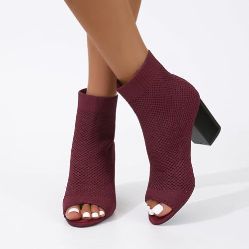 SACFOF Peep Toe Booties for Women Knit Pointed Toe Chunky Block Heels Breathable Sandals Summer Casual Slip On Dress Sock Booties US5-114
