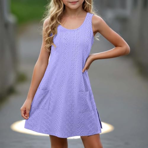 Eyelet Dresses for Girls 2025 Summer Sleeveless Side Split Tank Dress Crewneck Sundress with Pockets Size 4-14 Years2