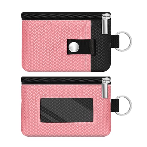 Image of Minimalist RFID Blocking Small Wallet with ID Window,WaterResistant Zip Id Case Wallet with Lanyard Keychain for Cards,Cash,Travel,Women,Men (Pink /Black)