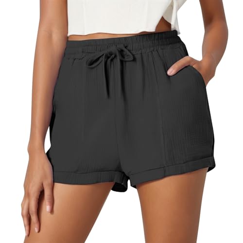 Pantalones cortos para mujer, pantalones cortos de verano para mujer, ligeros, lisos, anchos, transpirables, acanalados, con cordón, pliegues, pantalones cortos de verano, pantalones cortos de