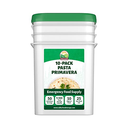 Image of Valley Food Storage Pasta Primavera | 10-Bag Bucket, 50 Servings | Non-GMO Premium Emergency Food Supply, 25 Year Shelf Life | Survival Meal Kits, Prepper Food & Off-Grid Living Supplies, Packaged in USA