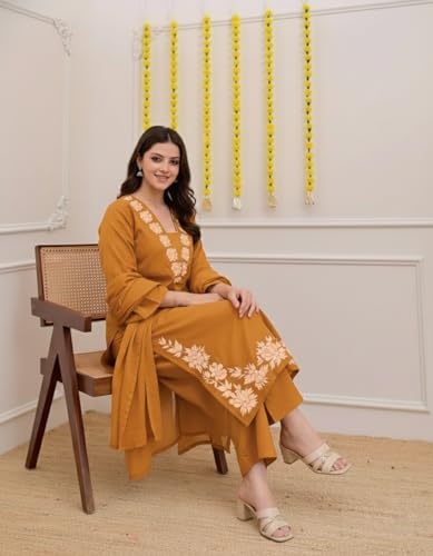 Image of ANNI Designer Pure Cotton Embroidered Kurta Set for Women | Rust Orange Kurta with Pants & Dupatta | Floral Neck & Hem Embroidery | Cotton Kurta Set for Women | 10 Colour Options Available
