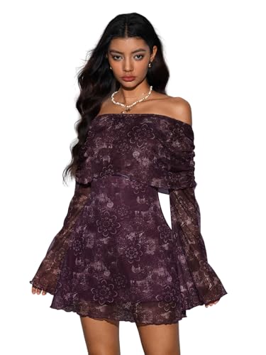 Verdusa Women's 70s Vintage Floral Off The Shoulder Dress Foldover Long Sleeve Bodycon Mini Dress