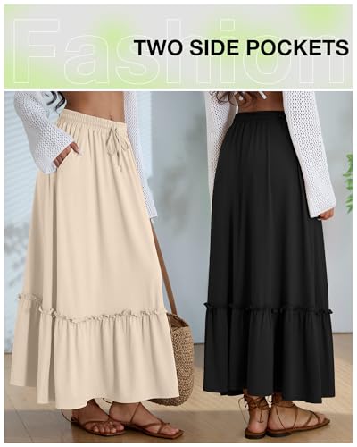 Ficerd 3 Pack Women's Boho Maxi Skirts, Long Tiered Skirt Flowy Ruffle High Waist Drawsting Casual Dress with Pockets4