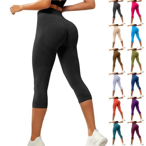 Noir Legging 3/4 Femme Taille Haute Leggings 3D Anti Cellulite Capri Pantalon Opaque Coton Push Up Court Pantalon De Sport Été Stretch Compression Fitness...