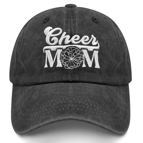RHAPSIX Embroidered Cheer Mom Hat - Gifts for Mama Mommy - Vintage Black Washed Cotton Adjustable Baseball Cap - Game Day Spirit Gear
