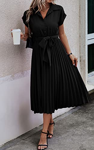 Image of ECOWISH Womens Casual Midi Dresses Solid V Neck Short Sleeve Button Shirt Belted Dress with Pockets for Spring Summer 2026