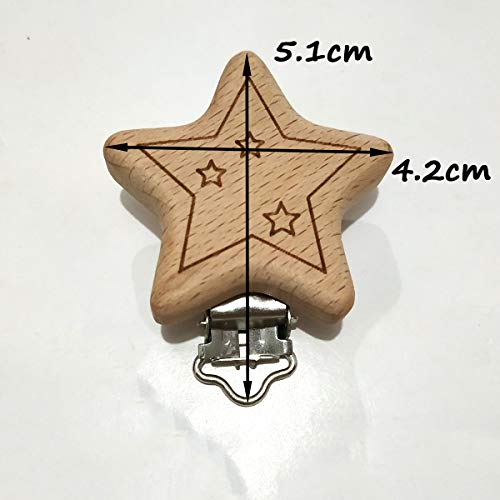 Image of 5pcs Natural Wood Suspender Pacifier Clips Cute Beech Wooden Animal Start Shape Clips DIY Beading Pacifier Chain Accessory