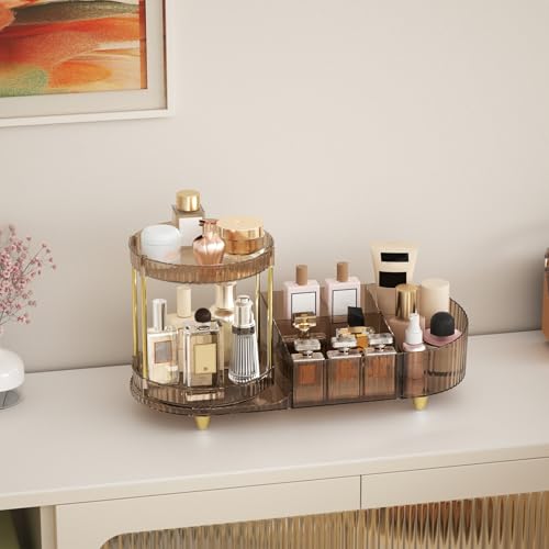 Image of Makeup Organizer Countertop with 360 Rotating Perfume Trays, 7-Divider Vanity Skincare Organizers, Make Up Desk Organization and Storage with Cosmetic Brush Holder for Bedroom Bathroom Counter