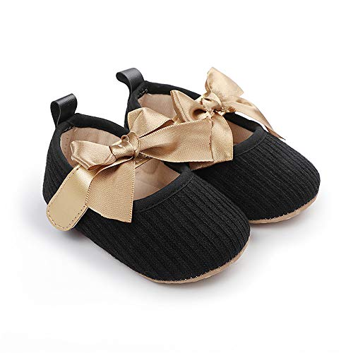 Bellocasa Baby Mary Jane Flats for Girls with Bowknot Cotton Anti Skid Sole Infant First Walker Princess Dress Crib Wedding Shoes (A/Black, 0_Months)
