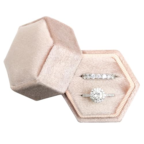 BLUTETE Hexagon Velvet 2 Slots Jewelry Ring Box Engagement Ring Box Wedding Day Detachable Lid for Proposal Engagement Wedding Ceremony (Blush Peach)
