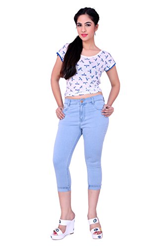 Image of FCK-3 Stretchable Denim Solid Mid Waist Knee Length Button Closure 5 Pocket Capree for Women