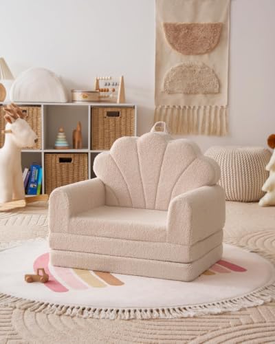 Image of Blissful Diary Foldable Kids Couch, 2-in-1 Kids Sofa Chair, Beige Shell | 50.8 inch Fold-Out Play Area, Supportive Foam, Washable Cover, Carry Handle, Pre-Assembled, Kid-Safe Zipper