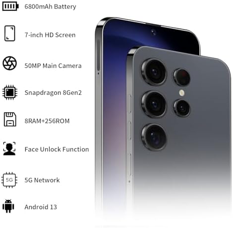 Unlocked Phone I23 Ultra Android Phone 8-core 8GB+256GB Cell Phone 7 inch HD Screen Mobile Phone 108MP+48MP Camera 6800 mAh Battery 5G Dual SIM (Titanium Black)