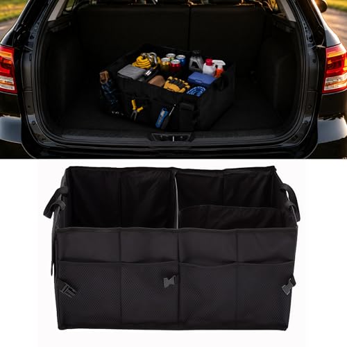 Vioziis Car Trunk Organizer, Collapsible Multi Compartment Vehicle Storage Box, Waterproof Adjustable Automotive Organization Container Accessories, Universal for SUV, Sedan, Truck (Black)