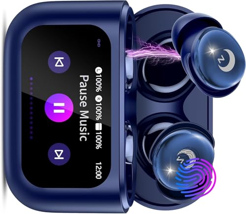 VEKJ Auriculares inalámbricos con pantalla táctil inteligente, mini auriculares para dormir, Bluetooth 5.4, auriculares intraurales con micrófono con cancelación de ruido, color azul