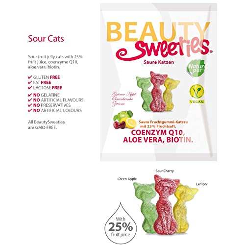 BeautySweeties Saure Katzen 125 g | Fruchtig-saure & vegane Fruchtgummi-Katzen mit 25% Fruchtsaft | Mit Coenzym Q1, Aloe Vera und Biotin | 1 x 125 g Beutel