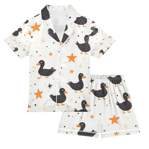 senya Black Duck Star 1 Satin Summer Pajama Sets Silk Short Sleeve Button Down Sleepwear