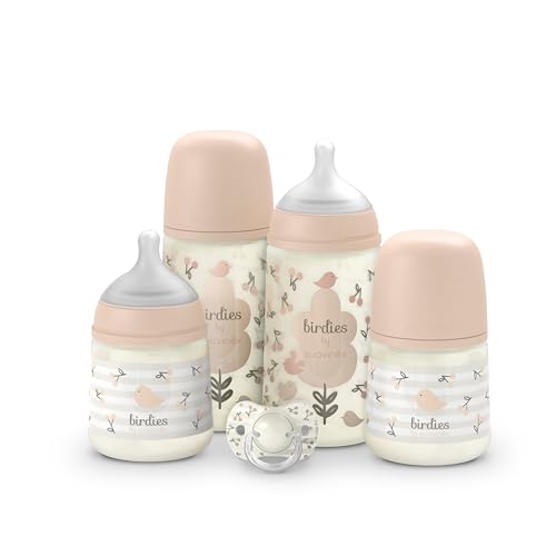 Suavinex, Set Biberones Recién Nacido, Pack Regalo con: 2 x 270 ml Flujo Medio + 2 x 150 ml Flujo Lento + Chupete de 0 a 6 Meses, Tetinas Fisiológicas SX Pro de Silicona, 5 Pcs, +0M, Birdies Rosa
